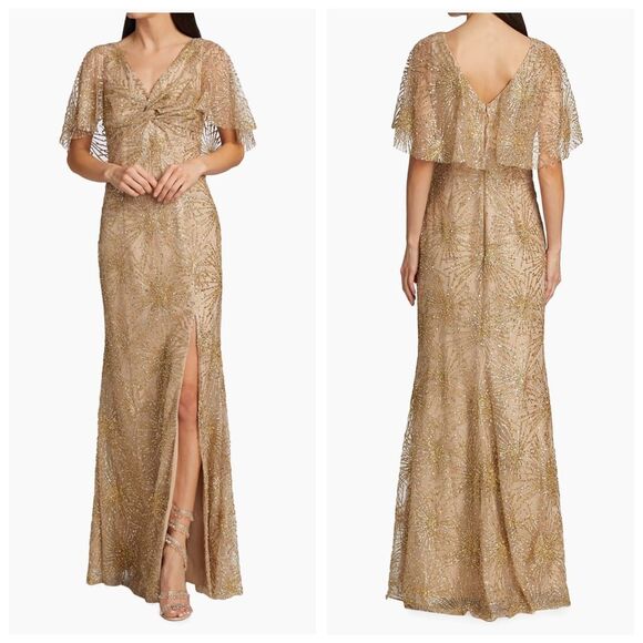 NWT Marchesa Notte Womens Embellished Short Sleeve Gown Gold Size 12